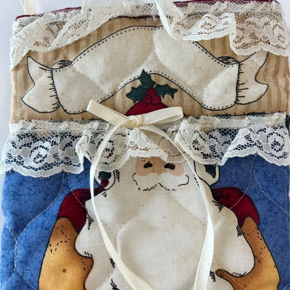 Vintage Quilted Santa Claus Christmas Stocking Lace Trim Victorian Country Decor